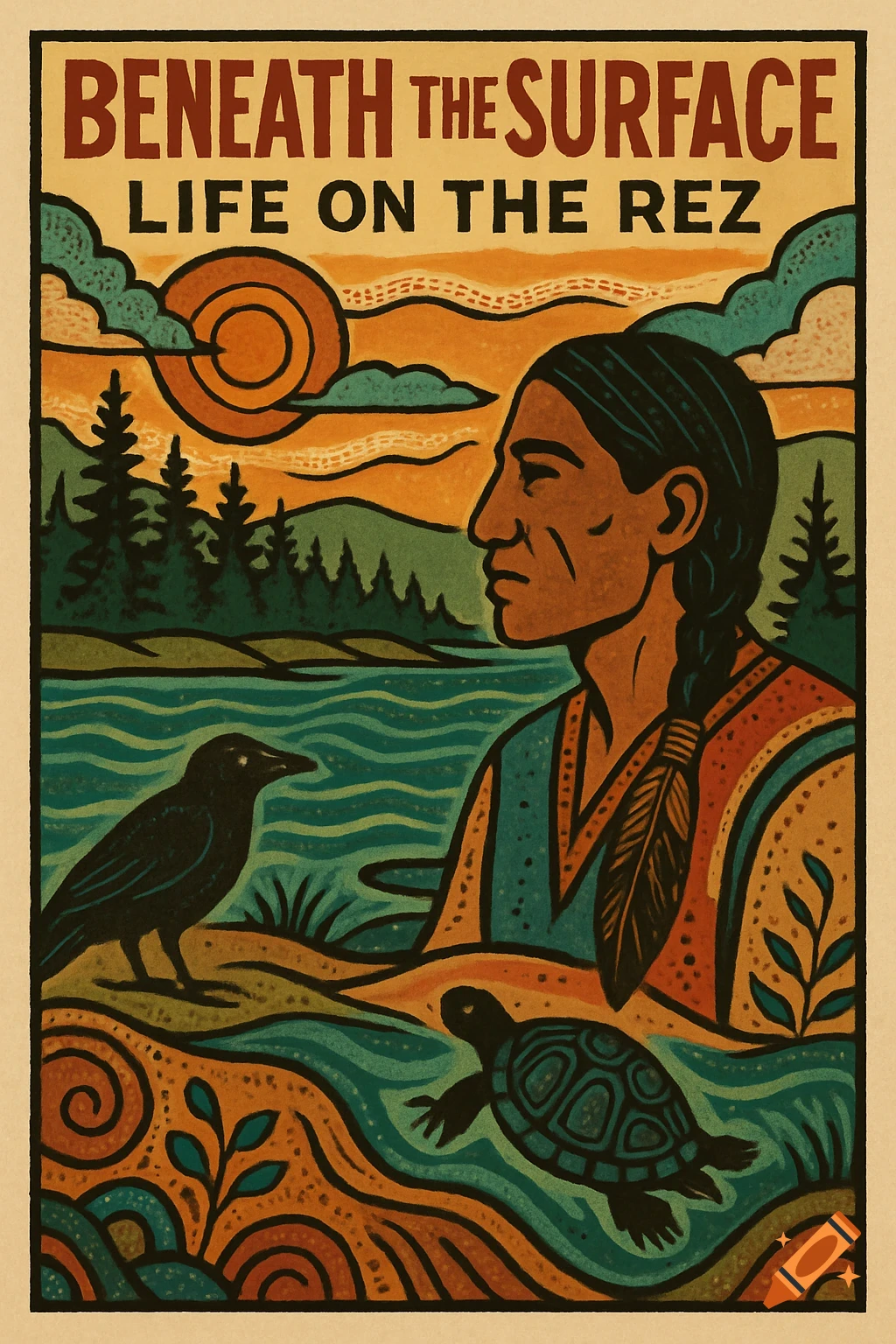 Illustration in brown, orange, and teal of a Native American person, a crow, and a turtle in a landscape. Text reads 'BENEATH THE SURFACE LIFE ON THE REZ'.