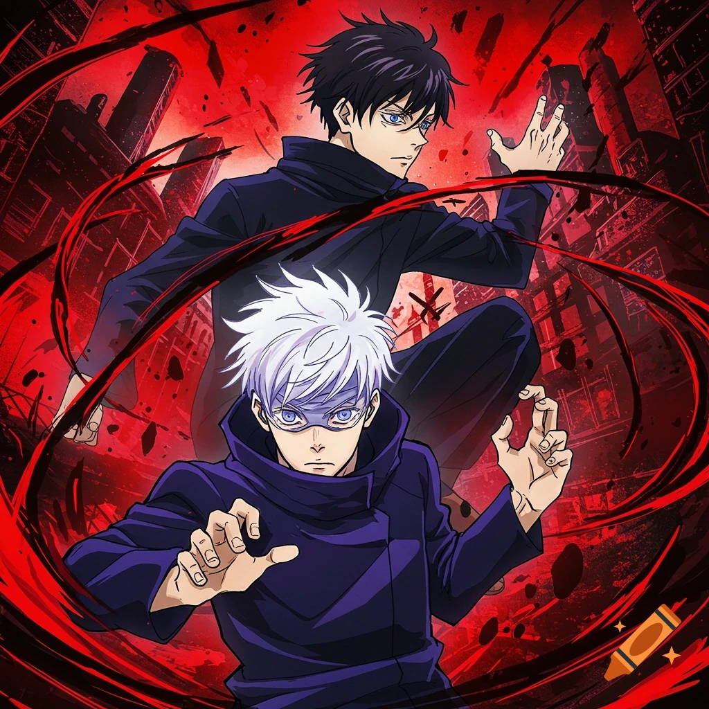 Anime illustration of a white-haired and a black-haired character from Jujutsu Kaisen against a red background.
