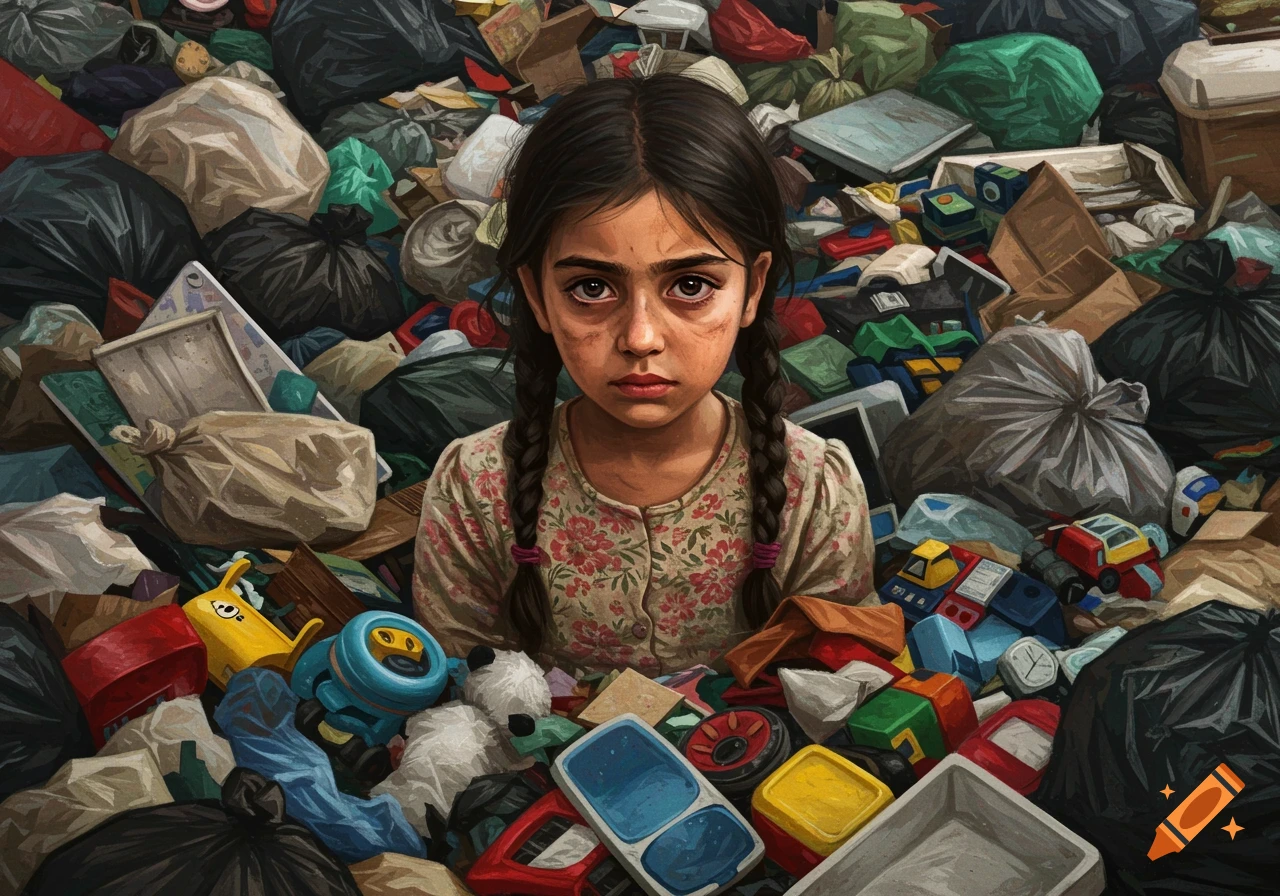 Sad young girl with braids sits in a large pile of trash. Illustrated style.