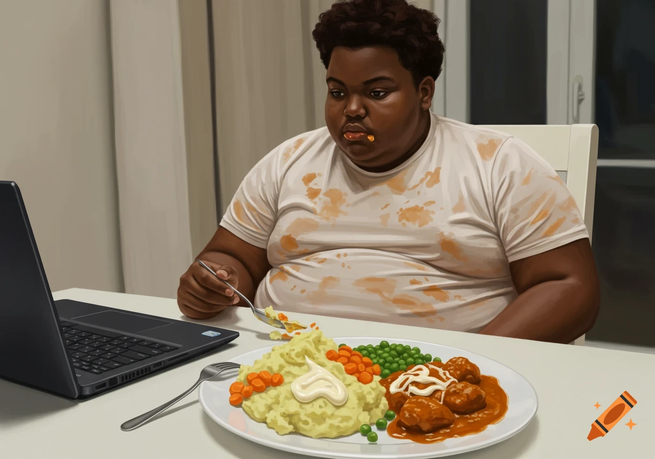 Illustrative portrait of a large young person eating a meal of mashed potatoes, vegetables, and chicken while looking at a laptop.
