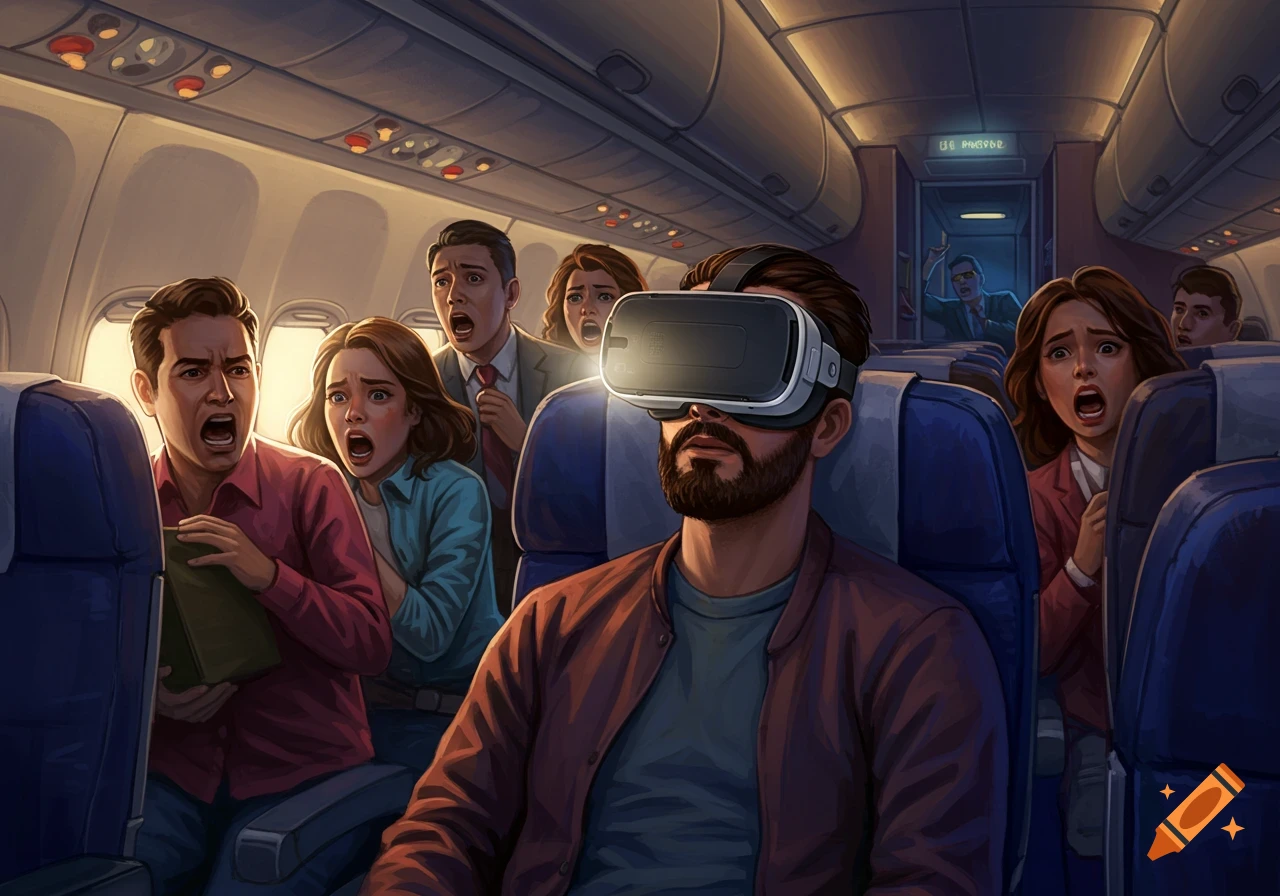 A man wears a VR headset on an airplane while other passengers scream around him.