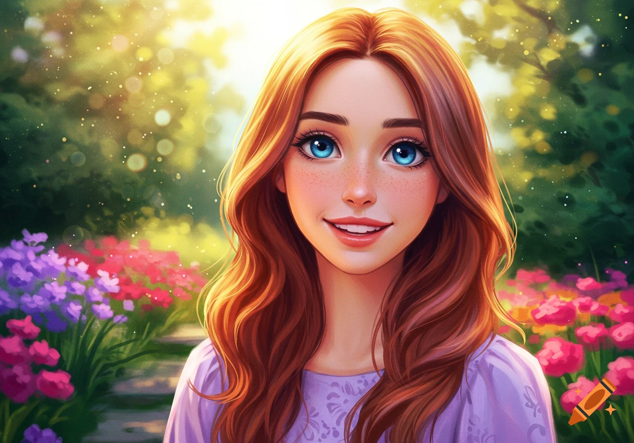 Stylized illustration of a smiling young woman with red hair and blue eyes in a sunlit garden with colorful flowers.