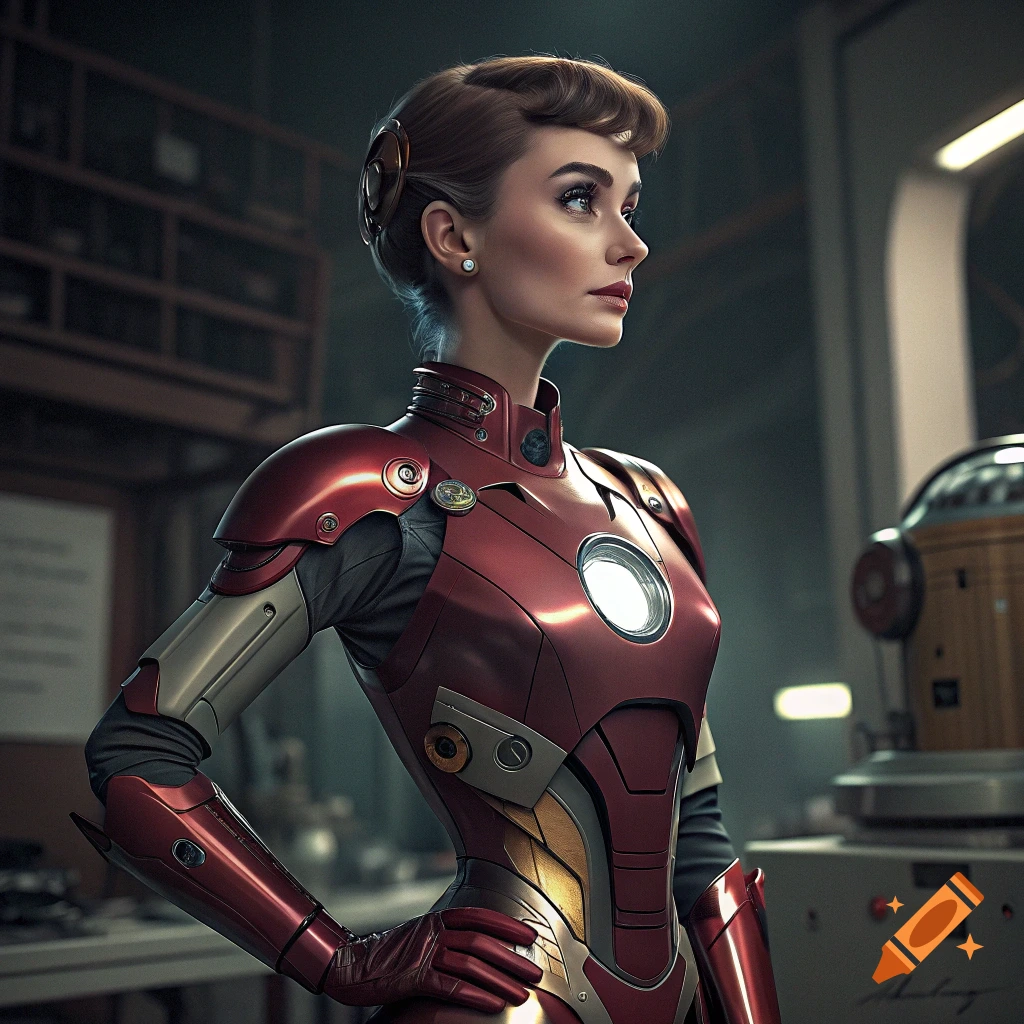 Woman in a detailed red and gold Iron Man suit in a workshop