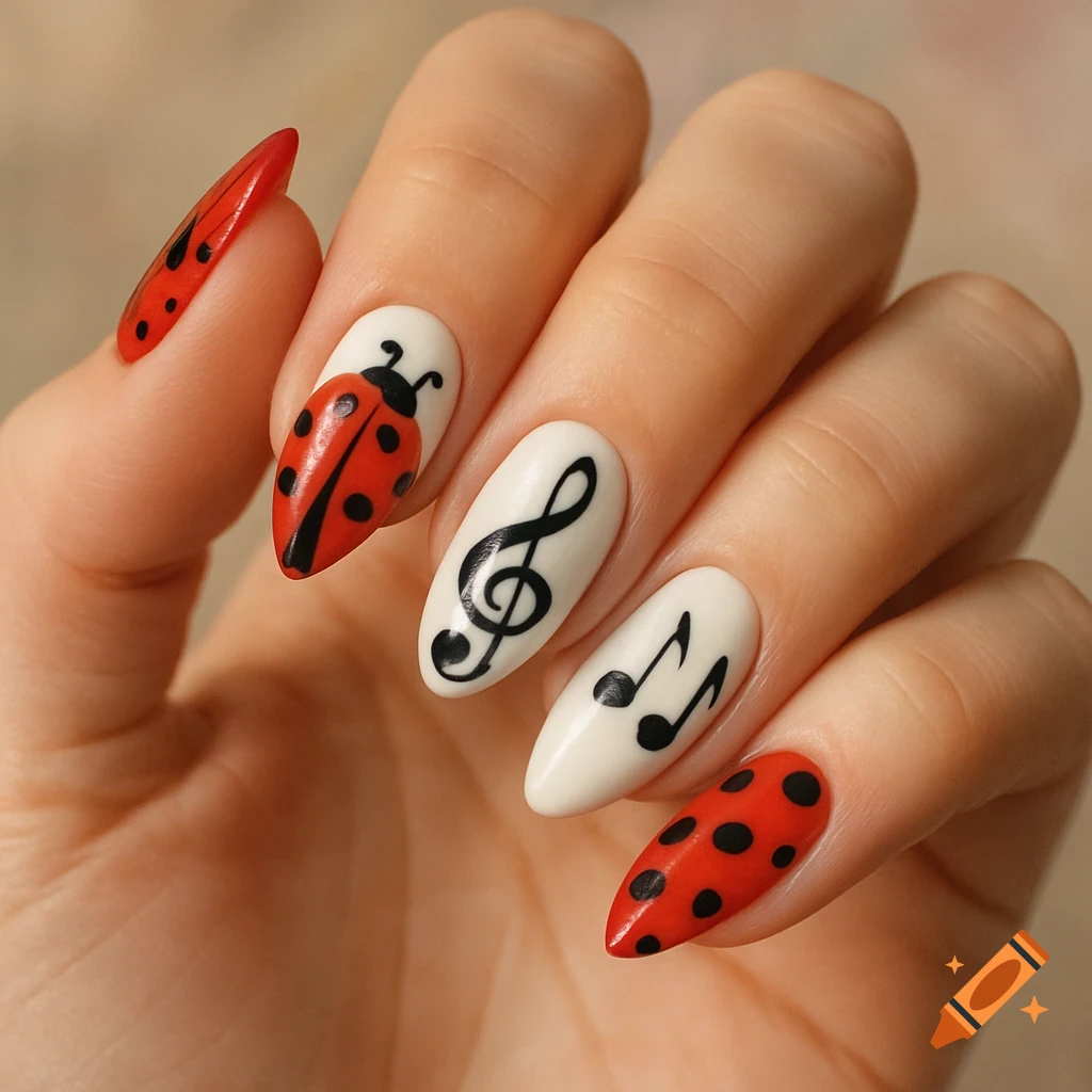 Close-up of hand with almond shape nail art featuring ladybugs, polka dots, treble clef, and music notes.