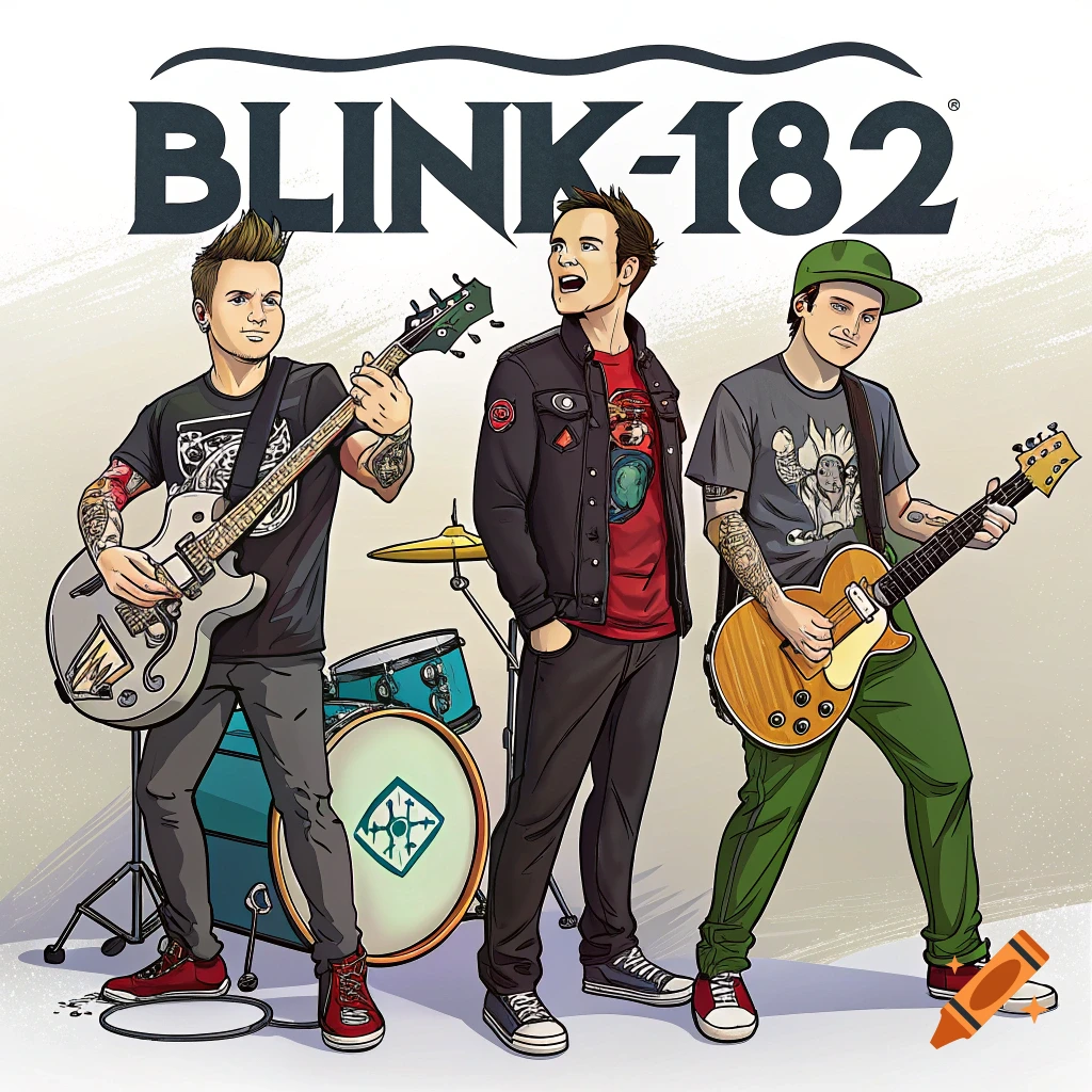 Cartoon illustration of the band Blink 182 with instruments.