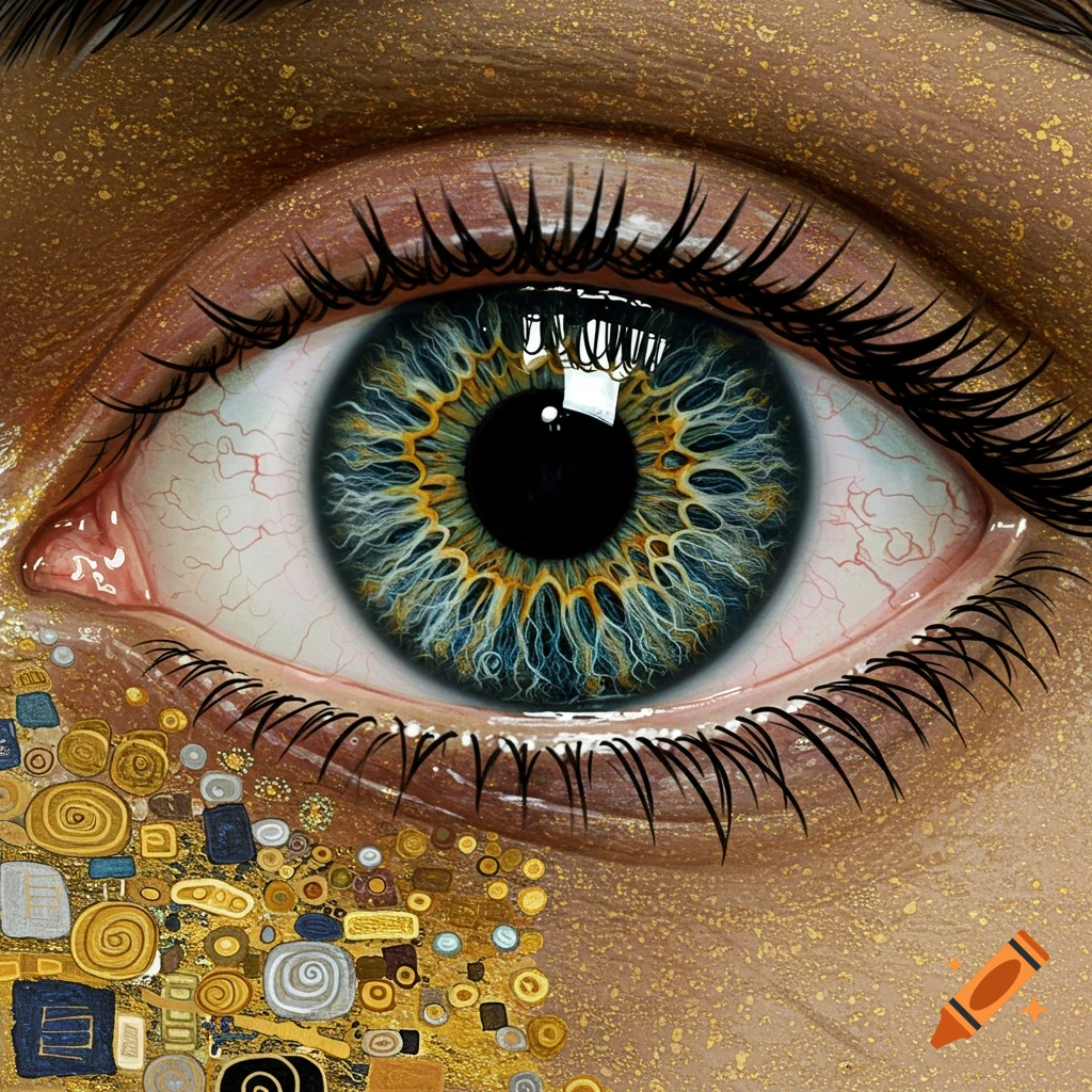 Macro shot of an eye with a detailed blue and gold iris, surrounded by golden Klimt-style patterns.