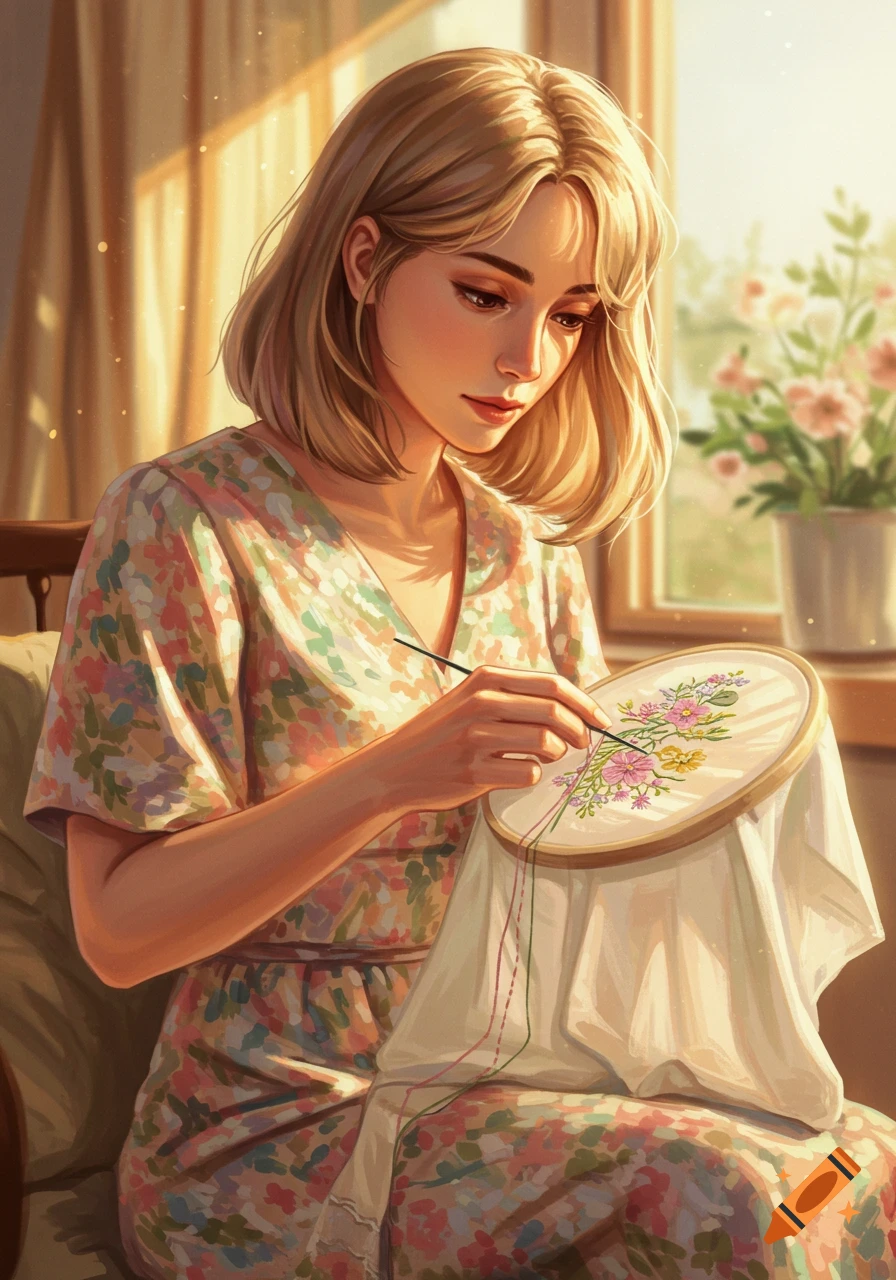 Woman in warm light doing floral embroidery, illustration