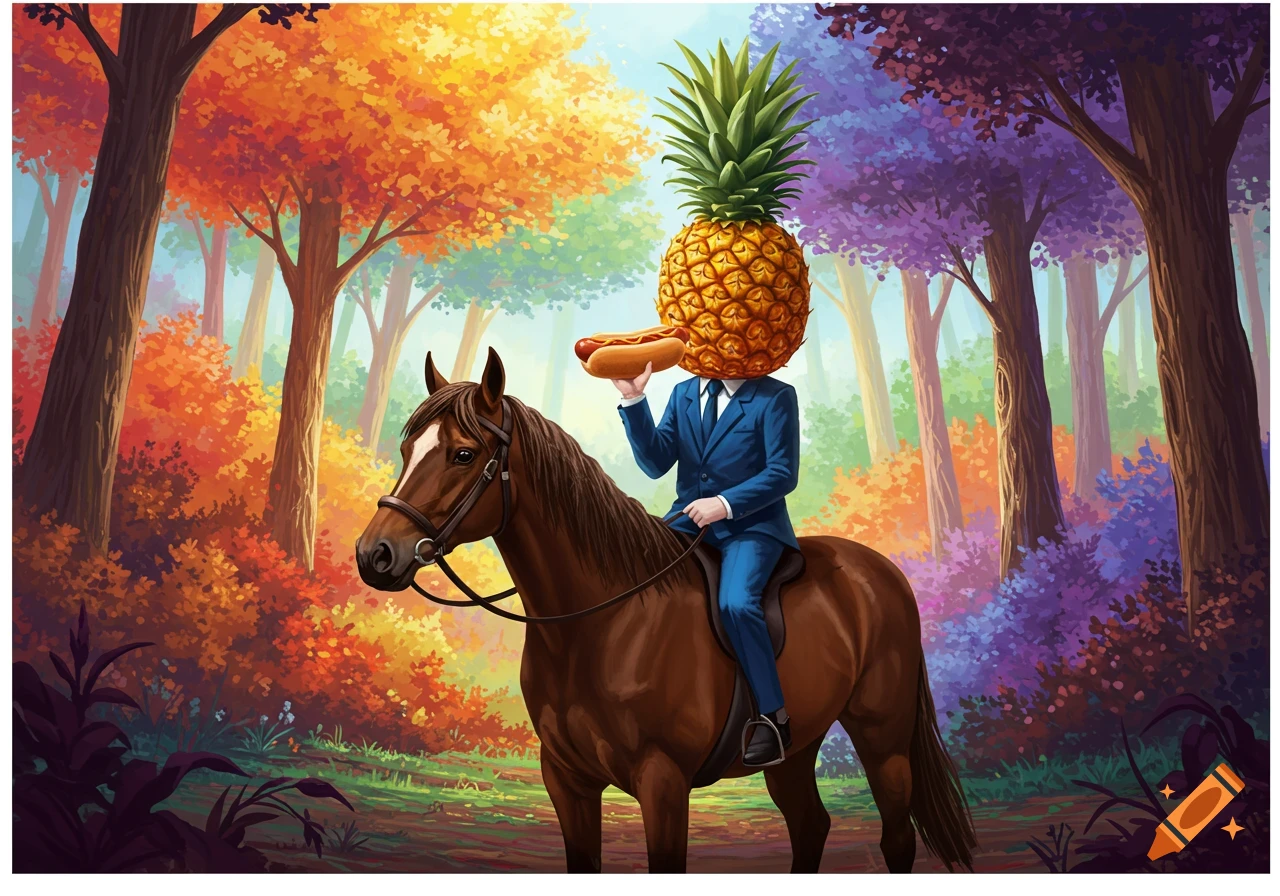 Pineapple-headed person in blue suit riding a horse through a rainbow forest, holding a hotdog.