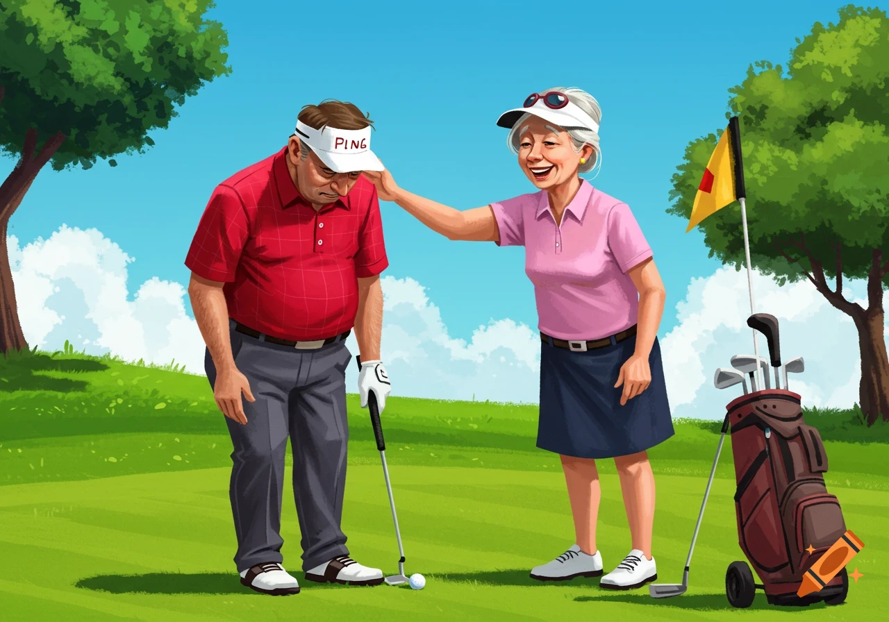Illustration of a sad golfer being consoled by a smiling female golfer on a golf course.