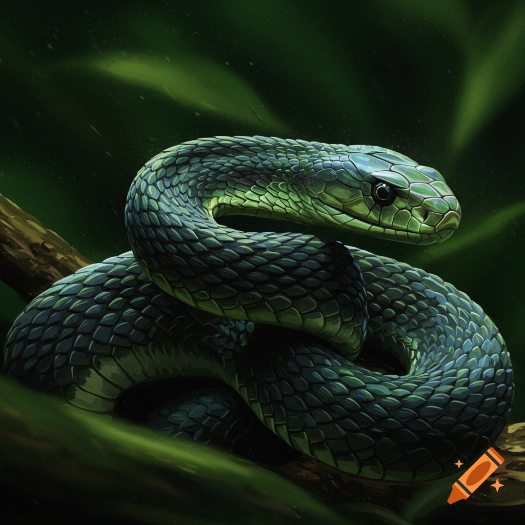 Detailed illustration of a green snake coiled on a branch in a forest.