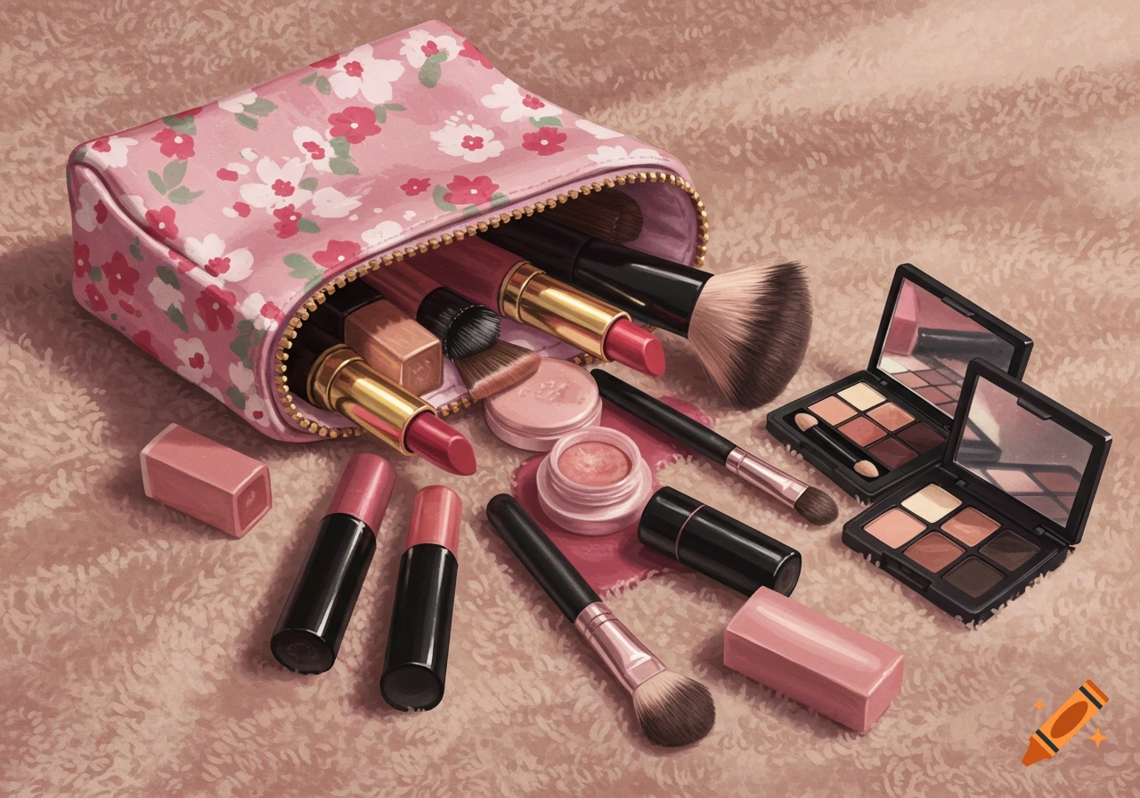 Makeup bag spilled open with brushes, lipsticks, and eyeshadow pallets on a textured surface.