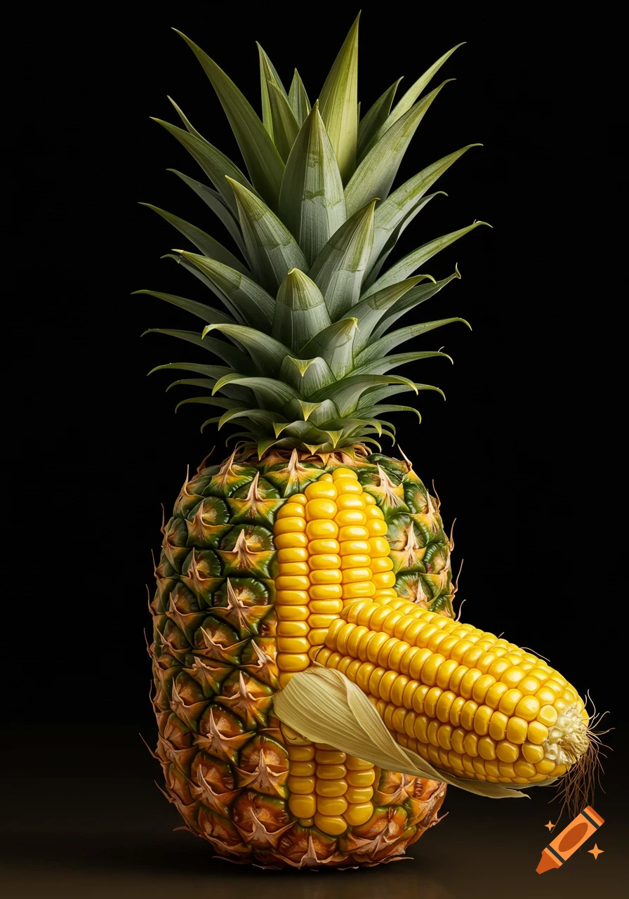 A pineapple with a corn cob attached to its front, against a black background, studio photo style.