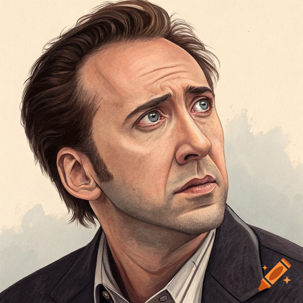 Close-up portrait illustration of Nicolas Cage looking up.