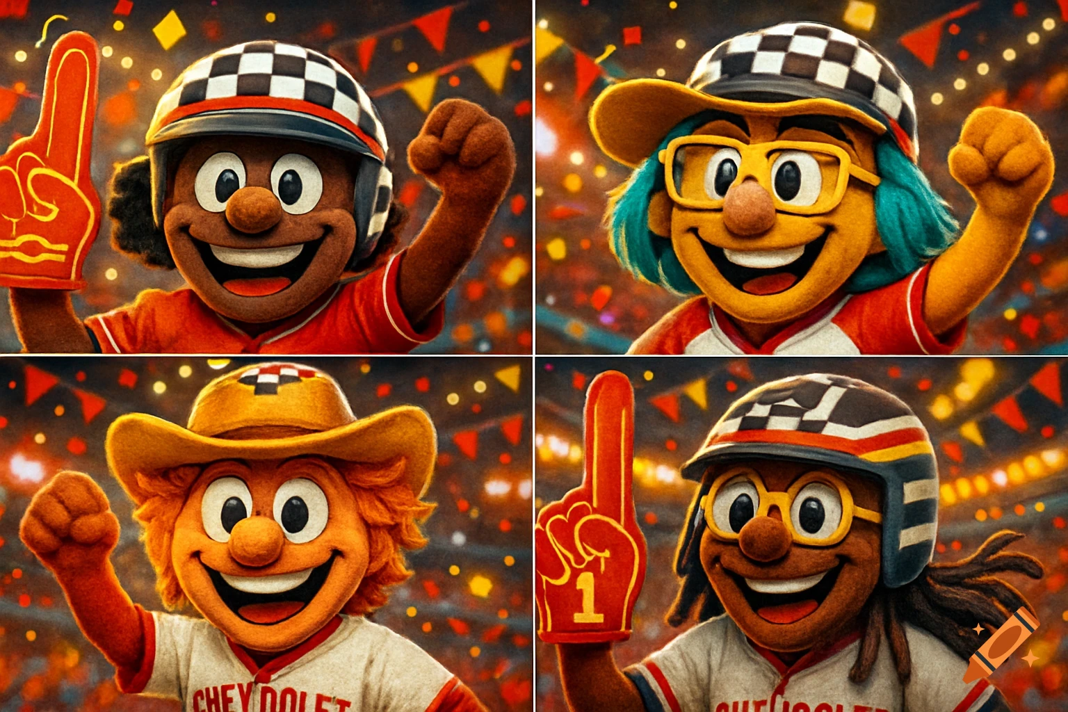 Four cartoonish mascot characters in racing helmets and baseball jerseys hold up foam fingers against a background of confetti and pennants.