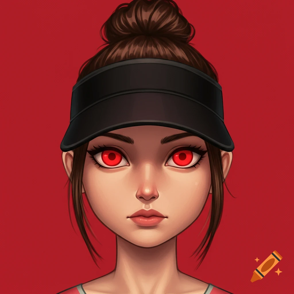 Stylized portrait of a girl with red eyes, black visor, and hair in a bun against a red background.