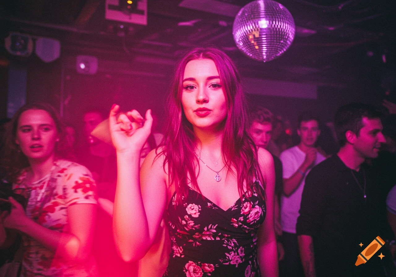 Young woman in a floral dress in a pink-lit club with a disco ball
