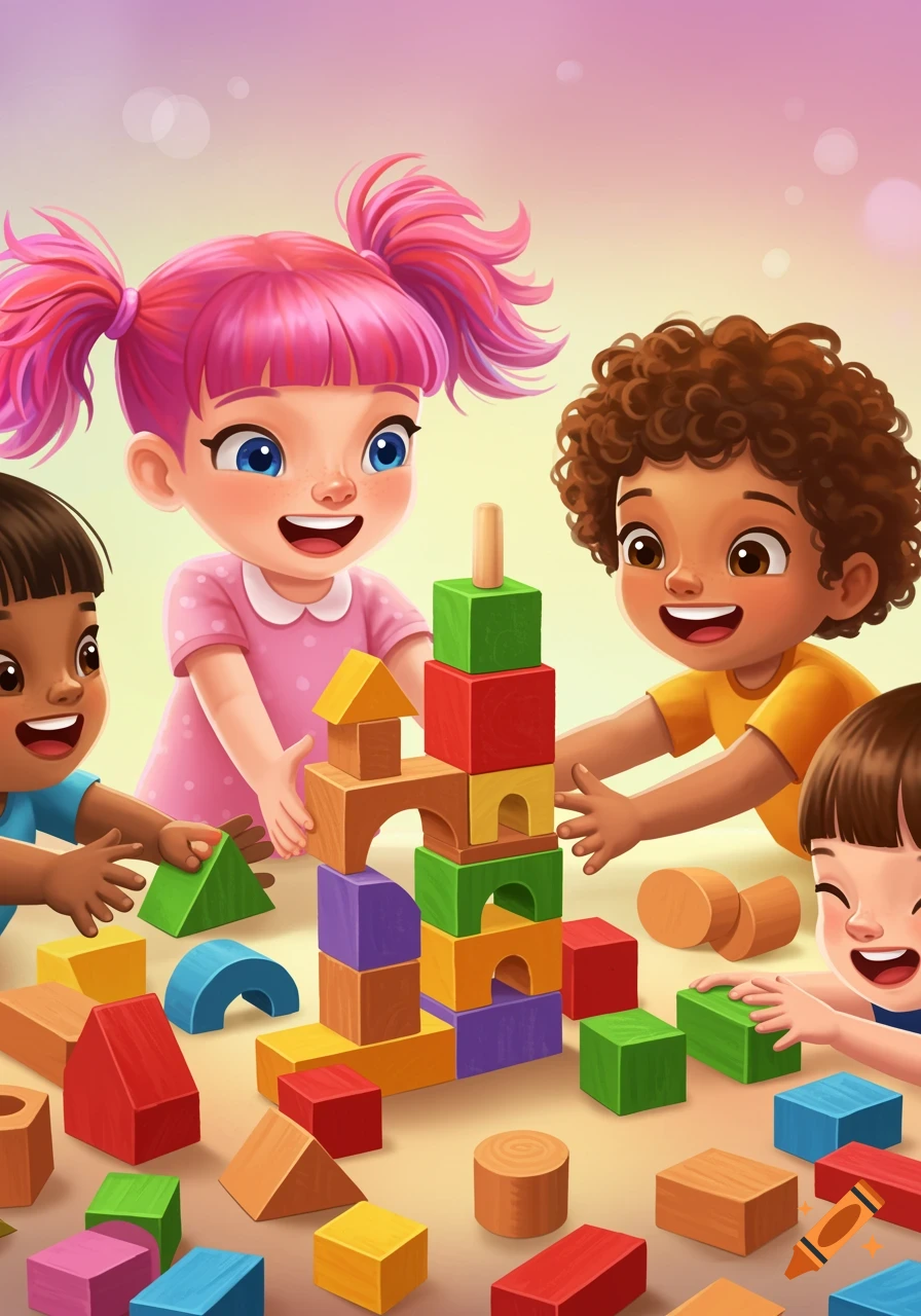 Diverse children playing with colorful building blocks in a bright illustration.