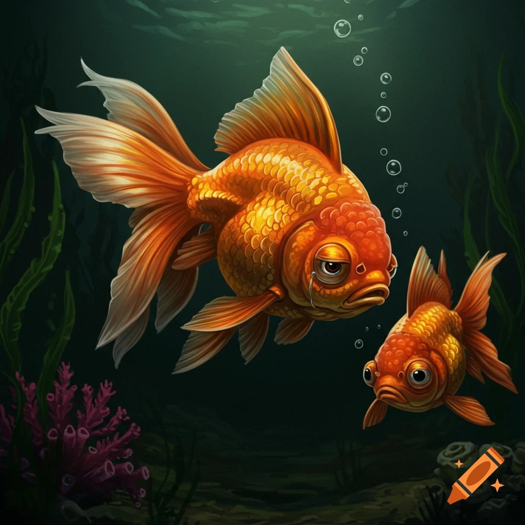 Illustration of two goldfish underwater, one crying.