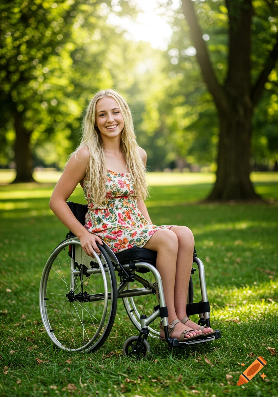 Young blonde woman in a wheelchair smiles in a sunny park.