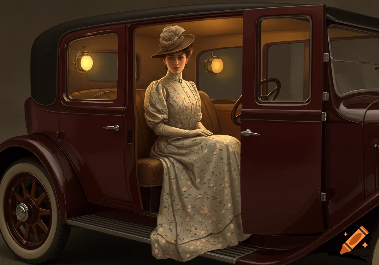 A woman in Victorian clothing sitting in a vintage car.