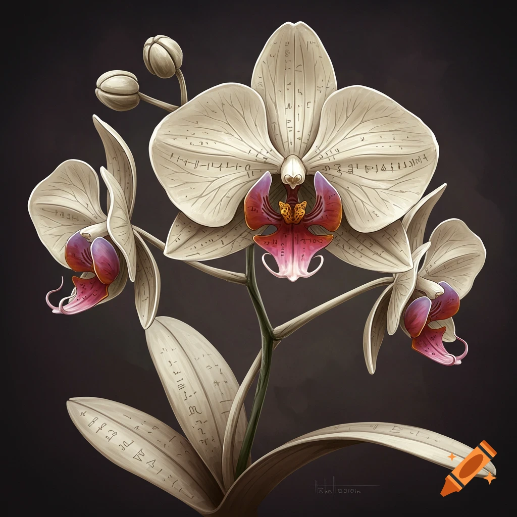An illustration of an orchid flower with petals and leaves textured like bone.