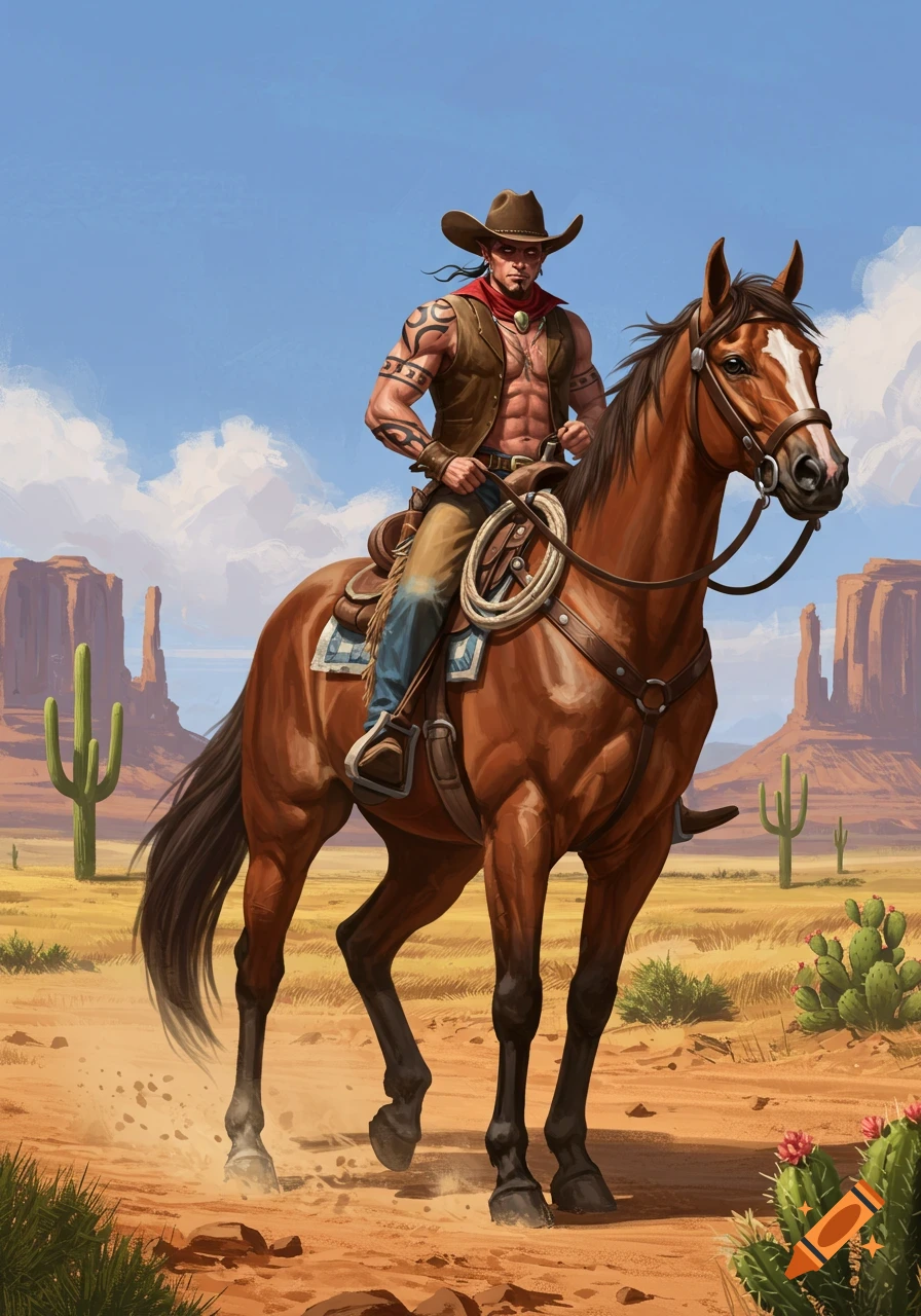 Illustration of a muscular cowboy with tattoos riding a horse through a desert landscape.