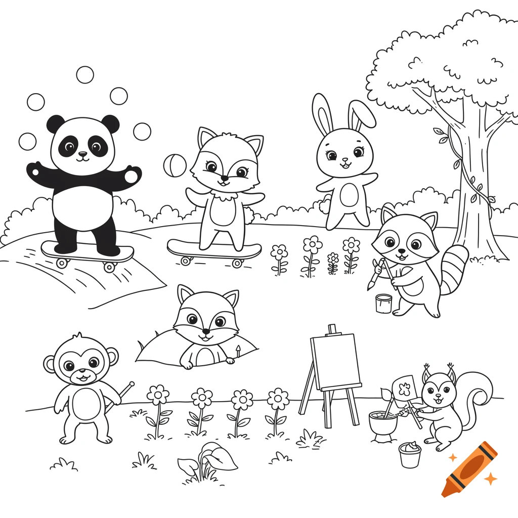 Cartoon animals coloring page with panda, fox, bunny, raccoon, monkey, squirrel skateboarding and painting.