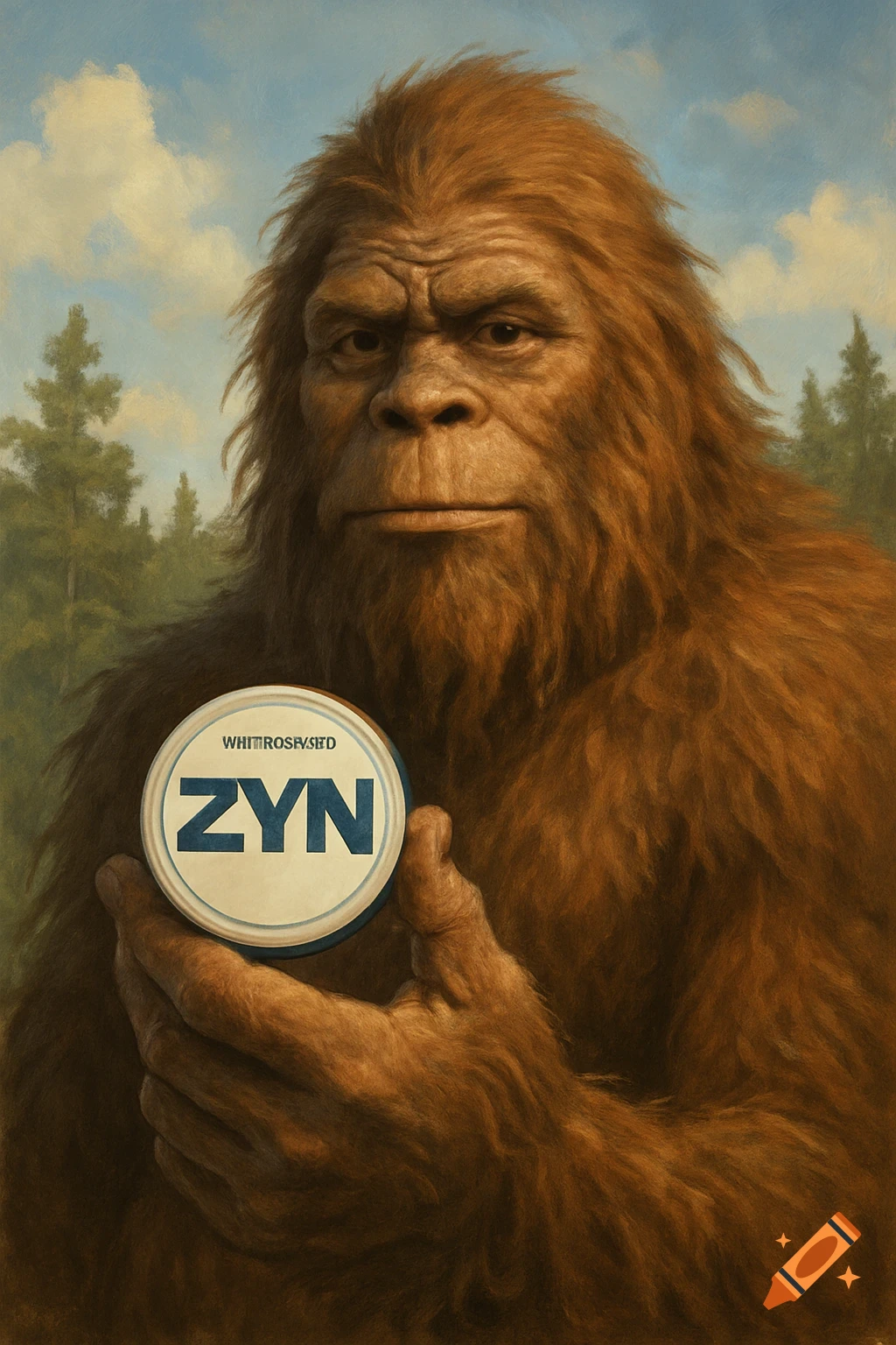 A Bigfoot holding a Zyn can in a forest, in a painted style.