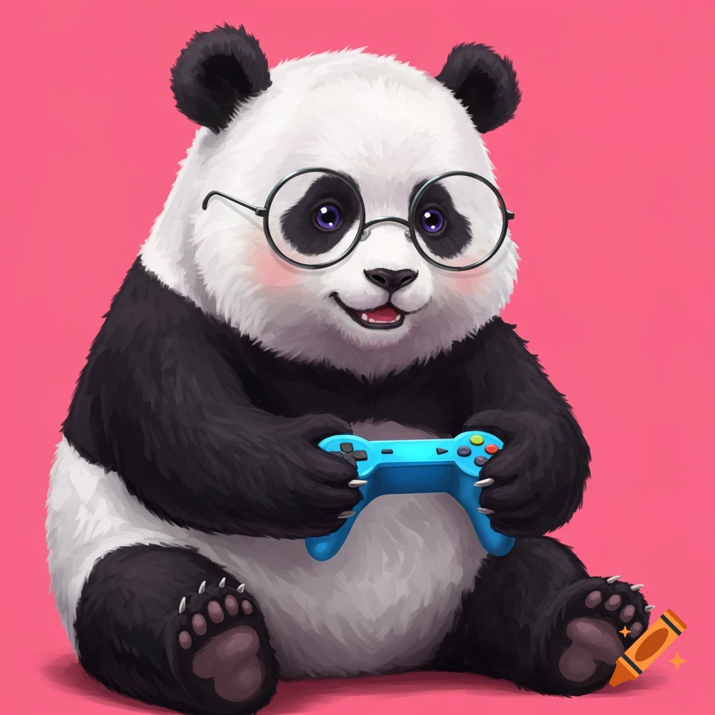 A cute panda wearing glasses and holding a game controller on a pink background.