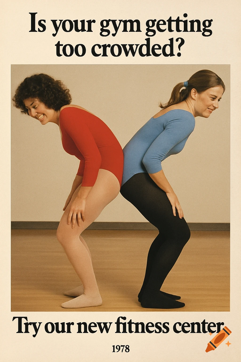 Two women in leotards back-to-back, bending over, in a vintage photo ad with text.