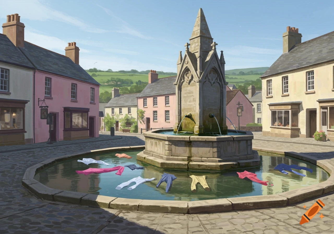 Illustration of clothes floating in a fountain in the center of a quaint town square.