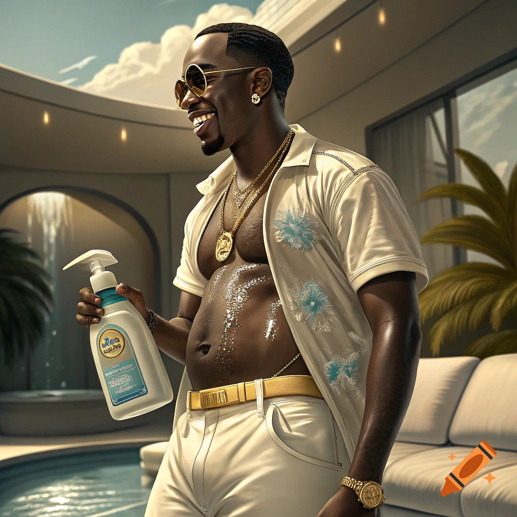 Man in open shirt covered in glitter holding a bottle by a pool.