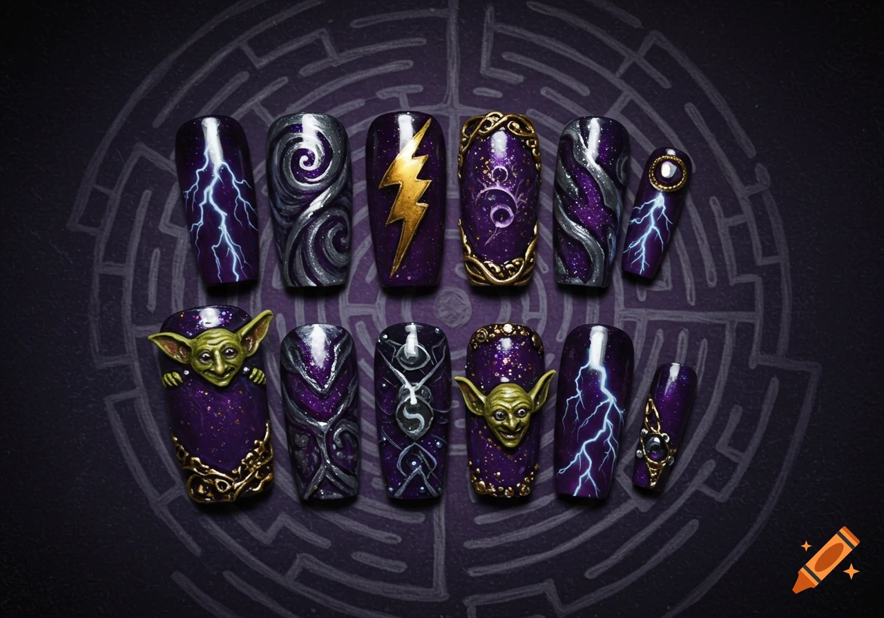 Set of purple press-on nails with Labyrinth movie themes including goblins, lightning, and maze patterns.