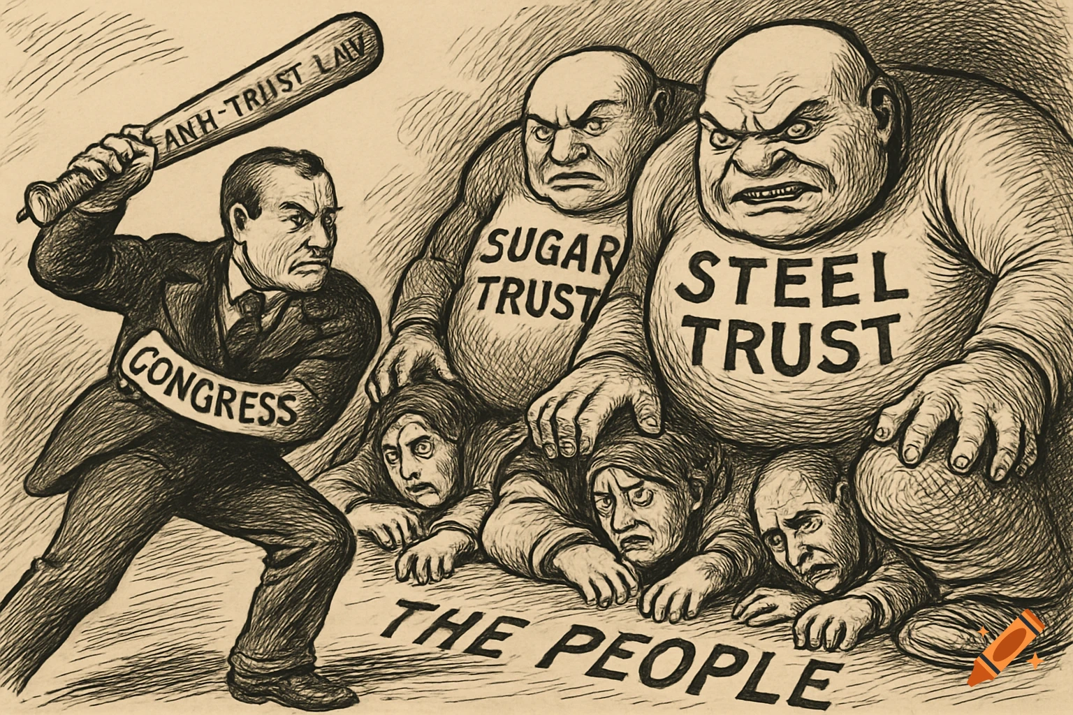 Sketch political cartoon: Congress with 'Anti-Trust Law' bat attacks 'Sugar Trust' and 'Steel Trust' crushing 'The People'.
