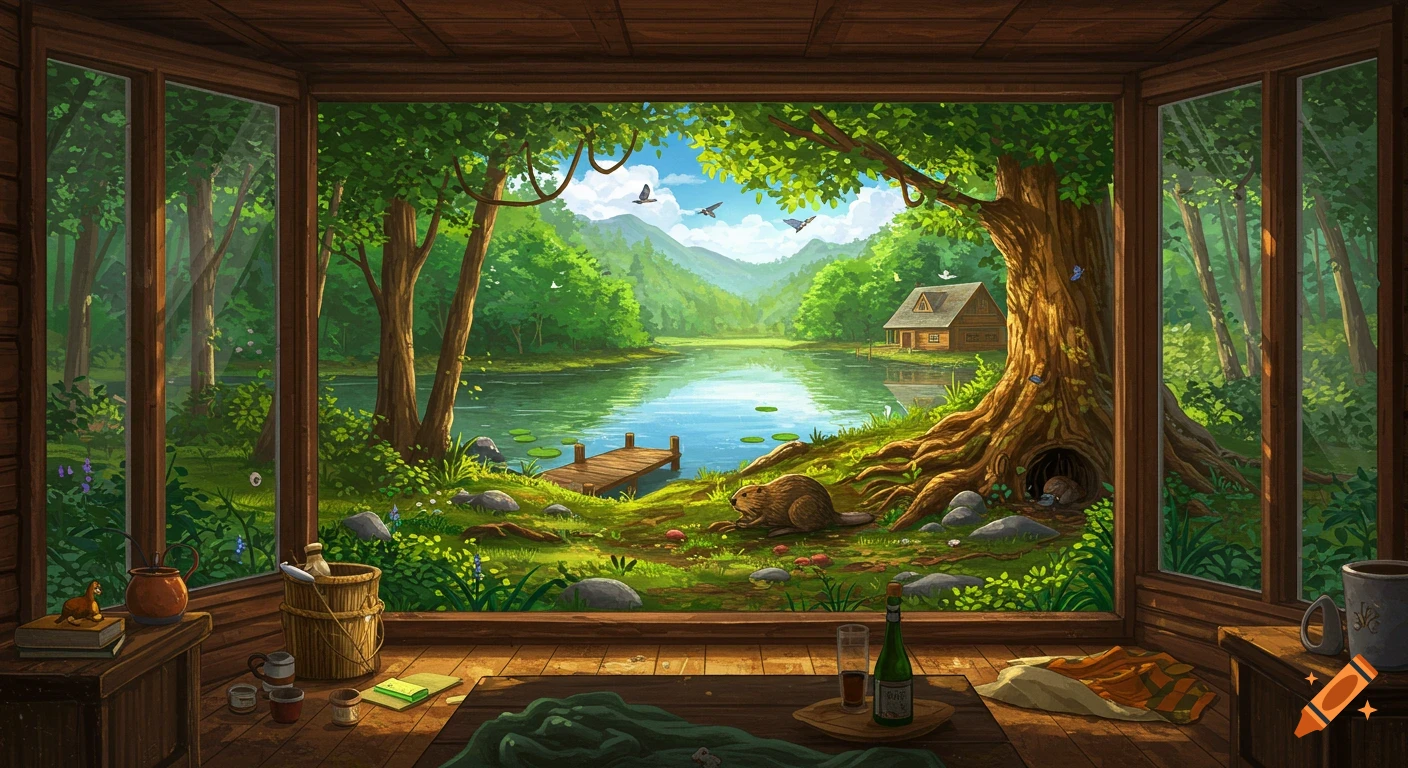 View from inside a cabin looking out over a forest lake with a beaver, log cabin, and mountains.