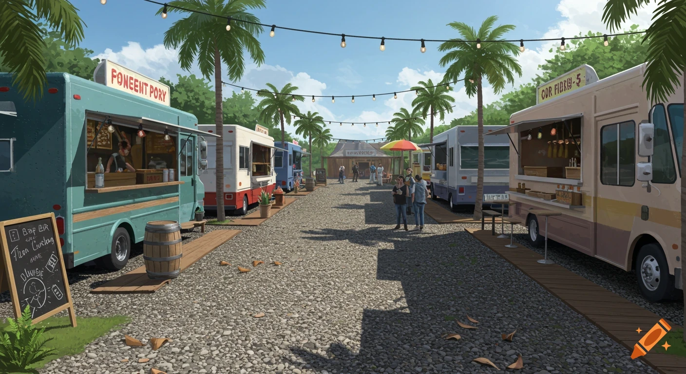 A gravel lane through a food truck park lined with palm trees and string lights under a blue sky.