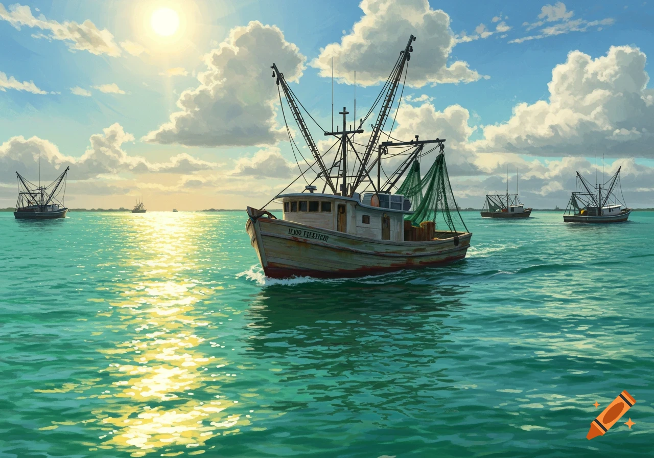Several shrimp boats on the water under a sunny sky, painterly style.