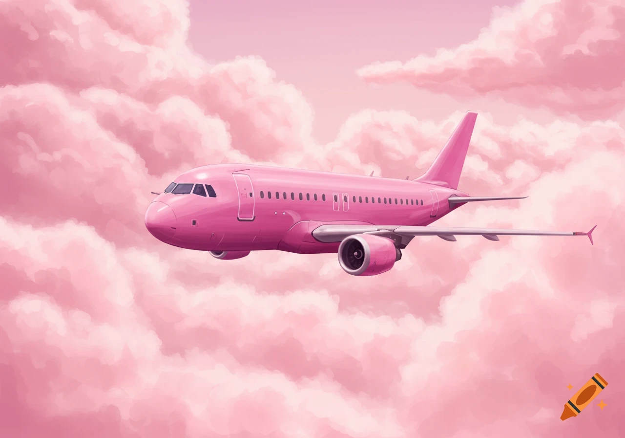 A pink airplane flies through pink clouds.