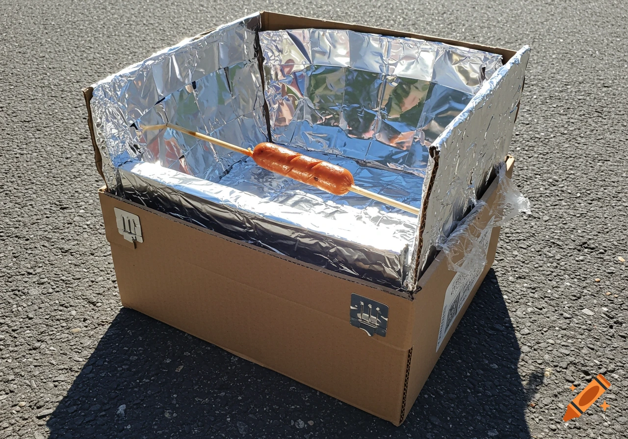 A homemade cardboard box solar oven with a hot dog on a stick, sitting on pavement.