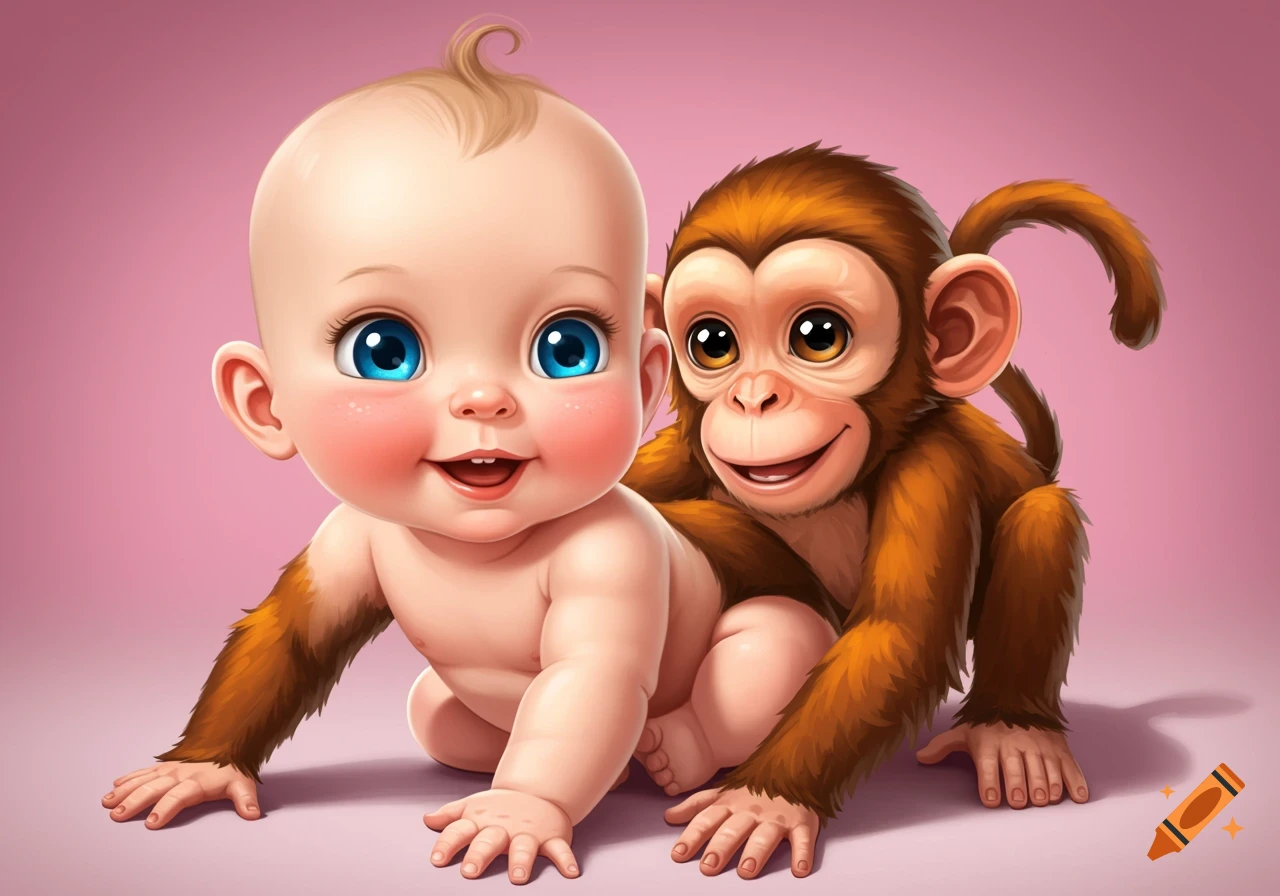 A cartoon baby crawls with a monkey behind it on a pink background.