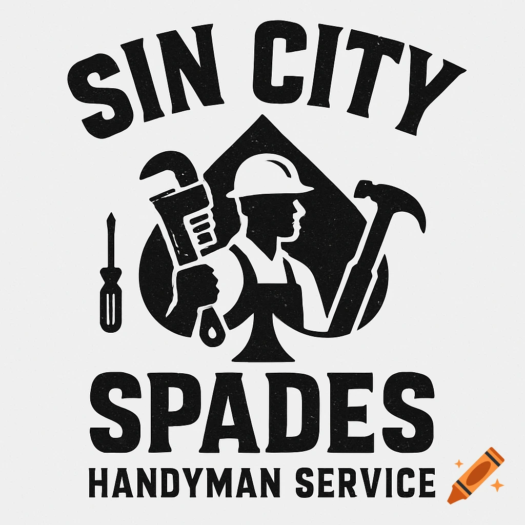 Black and white logo for Sin City Spades Handyman Service featuring a handyman silhouette