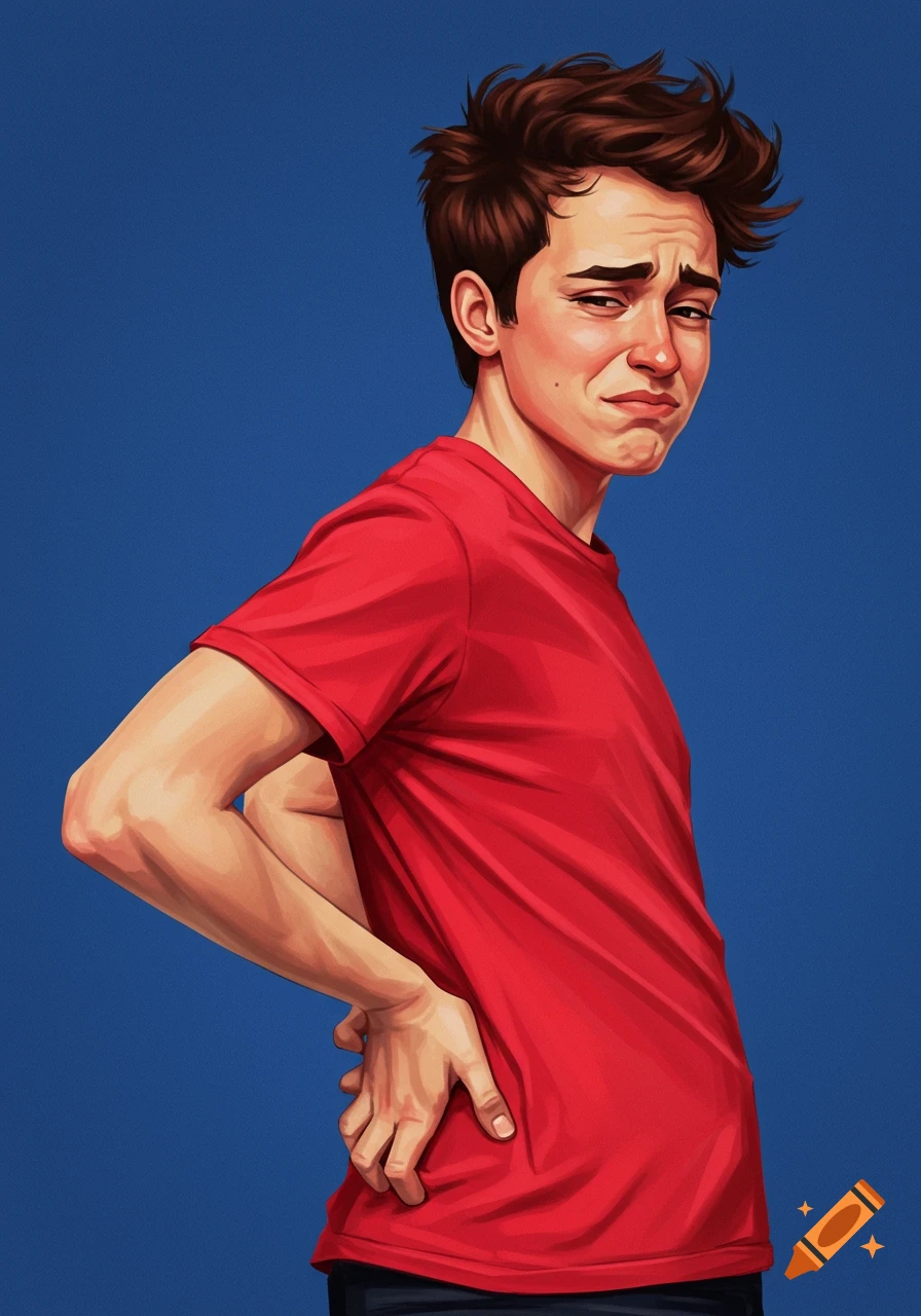 Illustration of a young man in a red shirt scratching his back with a pained expression.