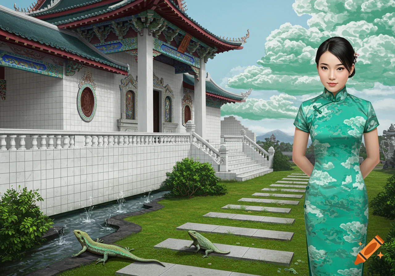 Chinese woman in cyan qipao stands in a garden by a white temple with lizards and fountains.