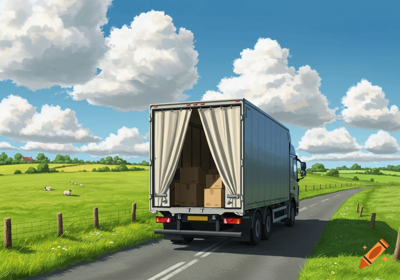 Digital painting of a truck with its rear curtains open showing boxes, driving through a sunny green countryside.