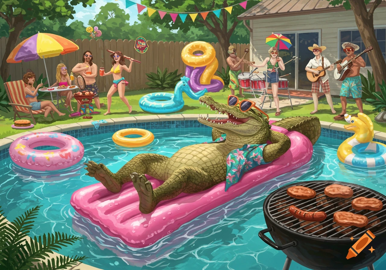 Stylized illustration of an alligator on a pool raft at a summer backyard BBQ party with people, music, and food.