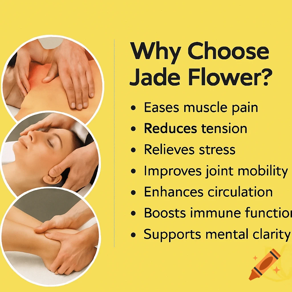 Three circular photos of massage techniques next to a list of benefits on a yellow background.