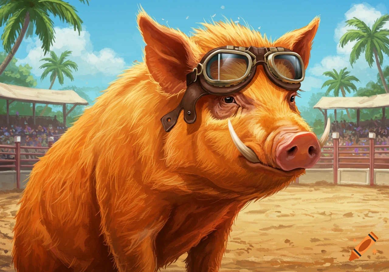 Illustration of an orange wild pig wearing aviator goggles in a tropical island rodeo ring.
