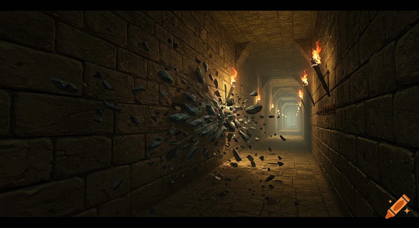 Stone dungeon hallway with torches and debris exploding from the wall, a fantasy trap.