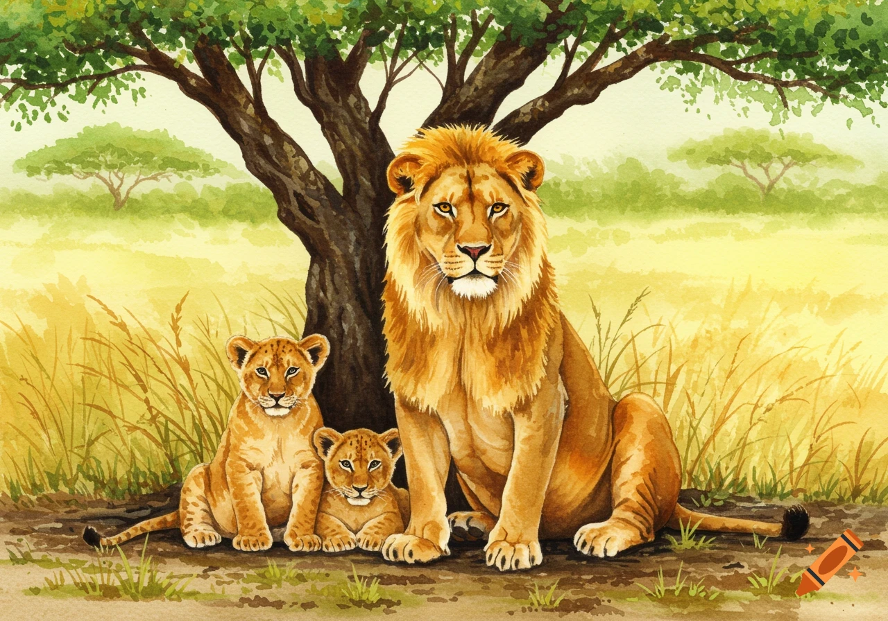 Watercolor painting of a lion and two cubs sitting under a tree in the savanna.