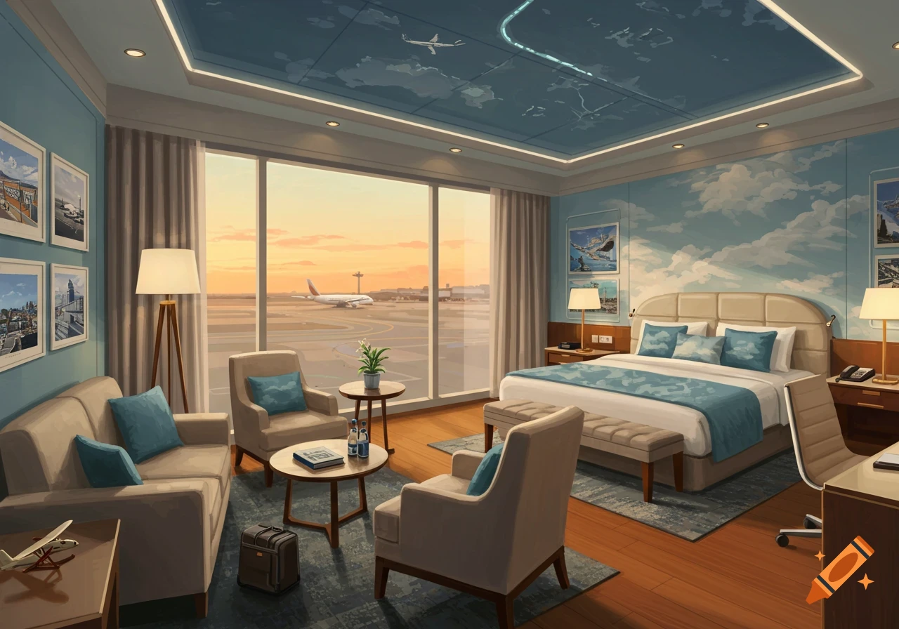 Hotel room overlooking an airport tarmac with a plane during sunset.